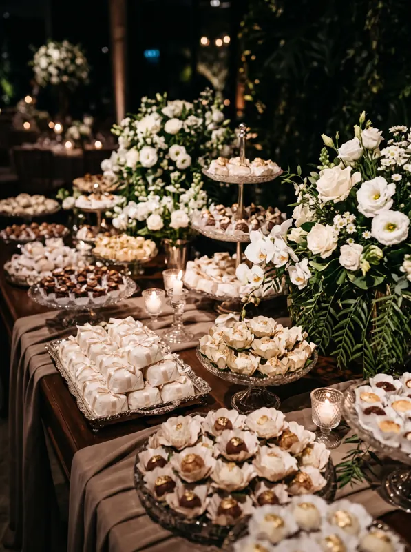 Mesa de doces completa com flores brancas e velas