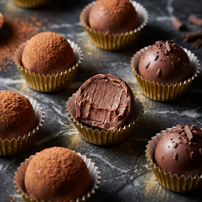 Trufas de cacau 70%, uma delas cortada ao meio, em forminhas douradas